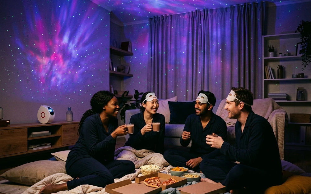 Four friends in matching pajamas laughing on the living room floor under a ceiling full of violet and blue nebula and green stars, the projector on the coffee table