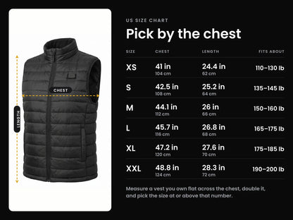 HeatGuard US size chart: XS to XXL by chest and length, in inches and centimetres