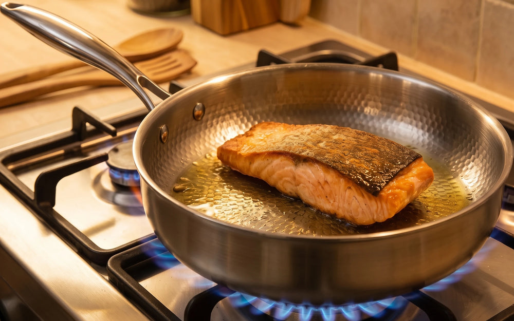 The pan sitting on a black induction cooktop with a steak searing inside