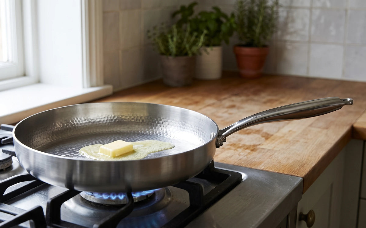 Butter melting in the hammered pan over a low gas flame