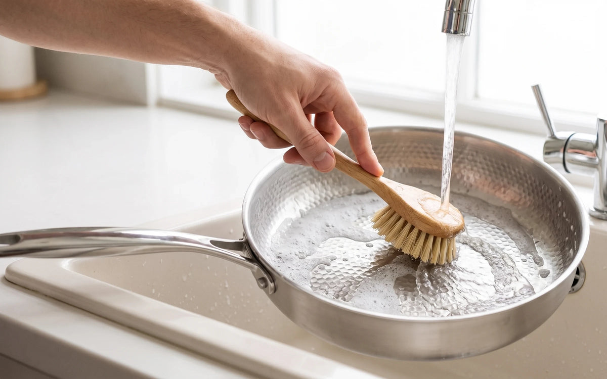A brush and running water on the hammered pan in the sink
