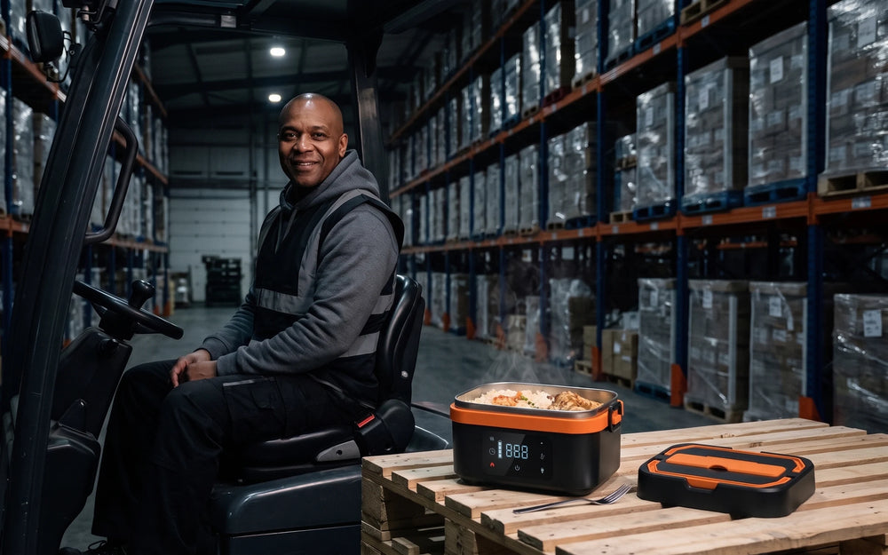 A man in a dark hi-vis vest and grey hoodie sitting on a parked forklift seat in a dim warehouse with the open lunch box on a wooden pallet beside the seat, steam rising from rice with chicken, aisles of wrapped pallets behind